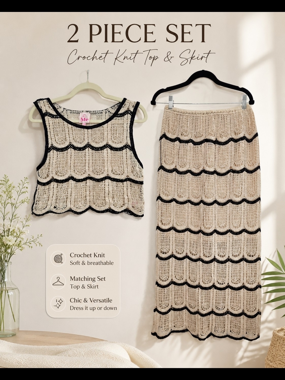 So Me Beige Crochet Knit Two-Piece Skirt Set with Black Trim